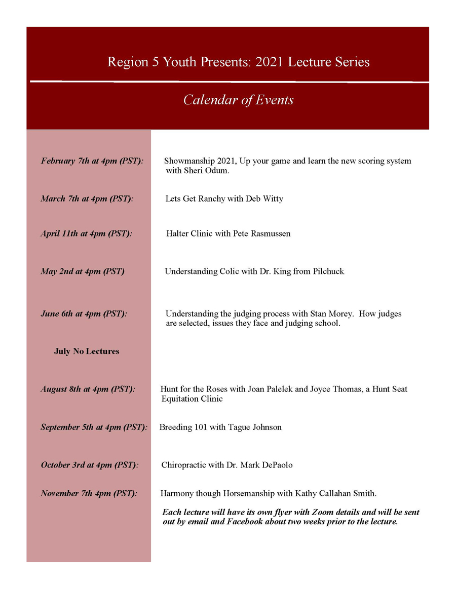 2021 Region5 Youth Lectures Series - Calendar of Events